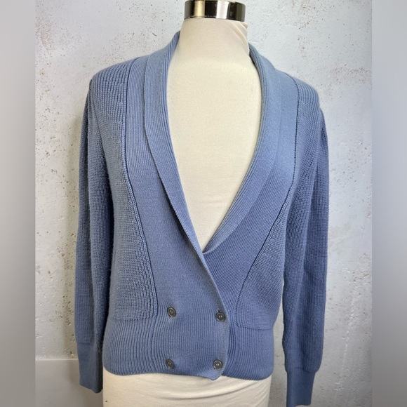 Vintage Gray Blue Knit Cardigan Sweater Double Breasted 1970s - Picture 3 of 5